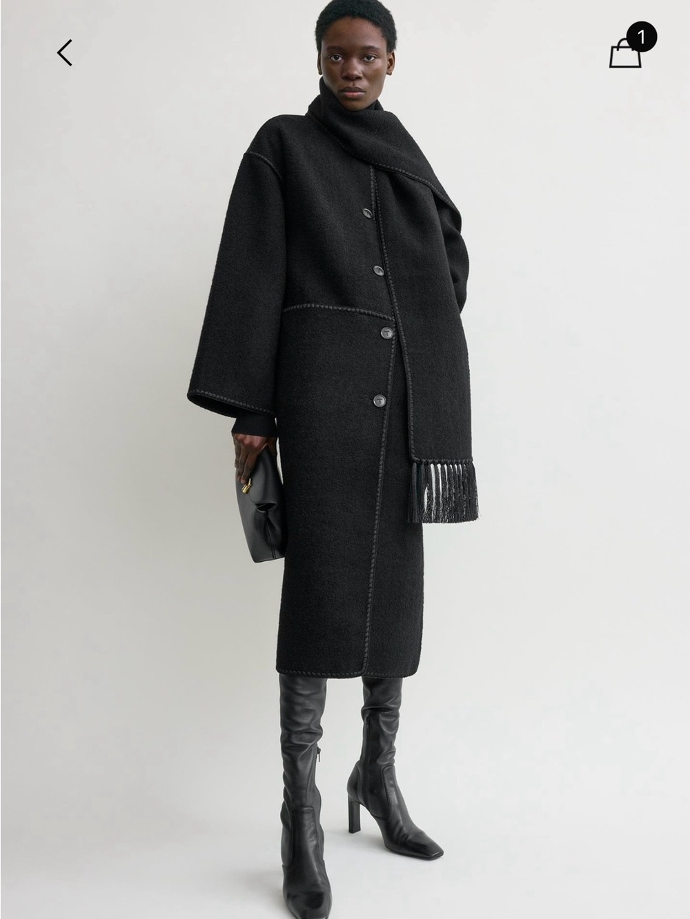 Toteme Black Long Wool Button Coat with Scarf - Picture 1 of 7